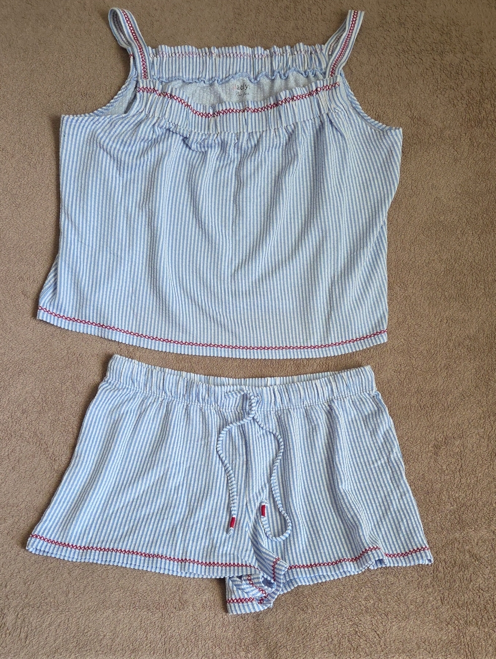 Women's Casual Blue & White Striped Women's Pajama Set with Red Trim